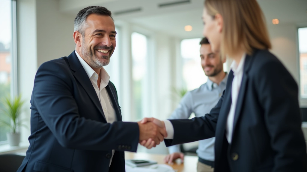Professionisti che si stringono la mano in una riunione d'affari moderna con luce naturale