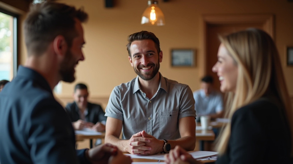 Gruppo di tre professionisti che ridono insieme in una conversazione amichevole, ambiente rilassato e positivo