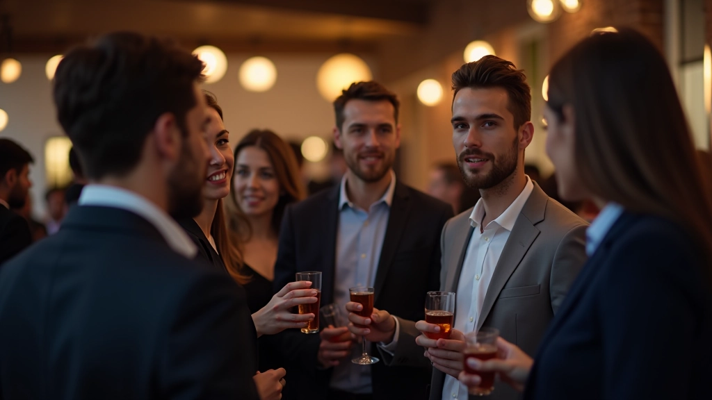 Gruppo di professionisti che conversano animatamente durante un evento di networking in sala moderna