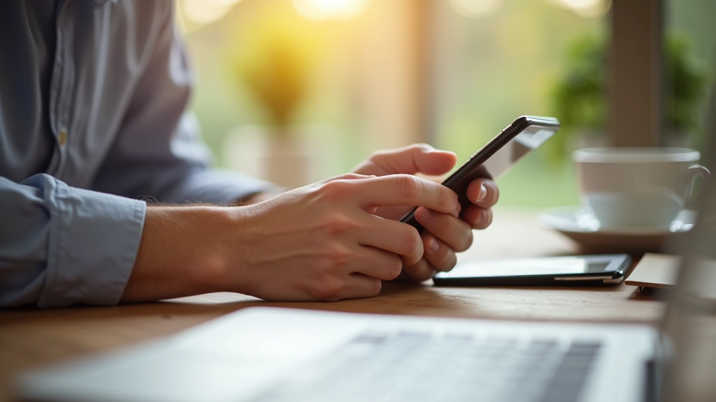 Mano di una persona che scrive un messaggio su smartphone, ambiente luminoso e professionale