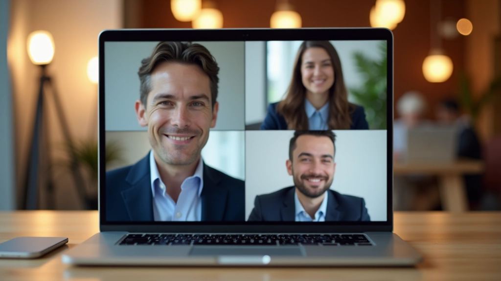 Riunione virtuale con quattro professionisti che sorridono sullo schermo di un computer portatile in una riunione video