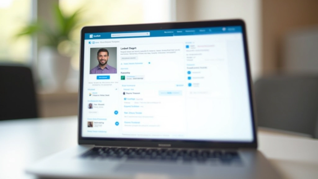 Profilo LinkedIn su schermo con foto professionale e descrizione dettagliata