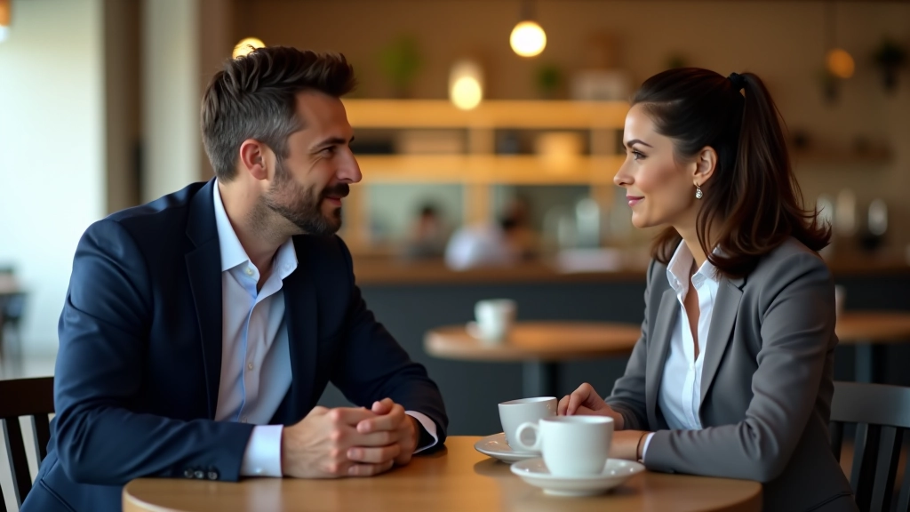 Due professionisti seduti al tavolo con caffè, in conversazione seria e concentrata, ambiente luminoso