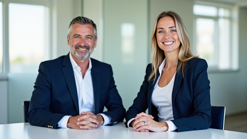 Uomo e donna in abbigliamento business formale, seduti in una sala riunioni moderna con finestre luminose