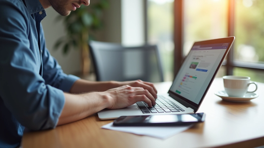 Persona che usa LinkedIn su laptop in ambiente di lavoro professionale con caffè