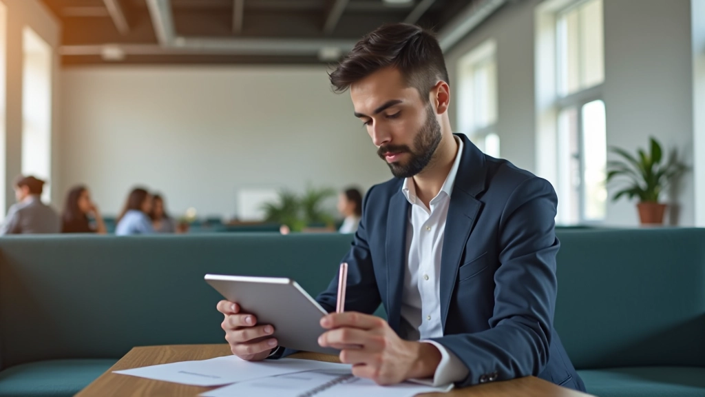 Professionista che legge articoli su un tablet mentre prende appunti con una penna in uno spazio di coworking moderno