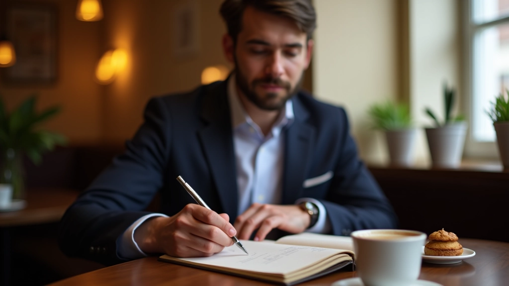Persona che scrive in un diario con contatti professionali in una caffetteria italiana elegante