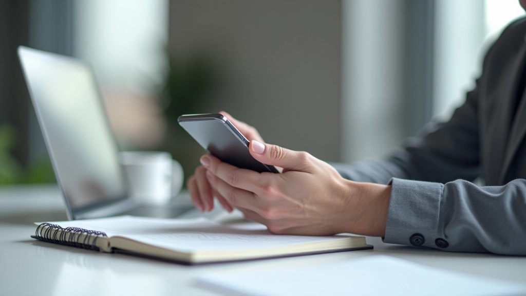 Persona che digita un messaggio su uno smartphone in una moderna scrivania da ufficio