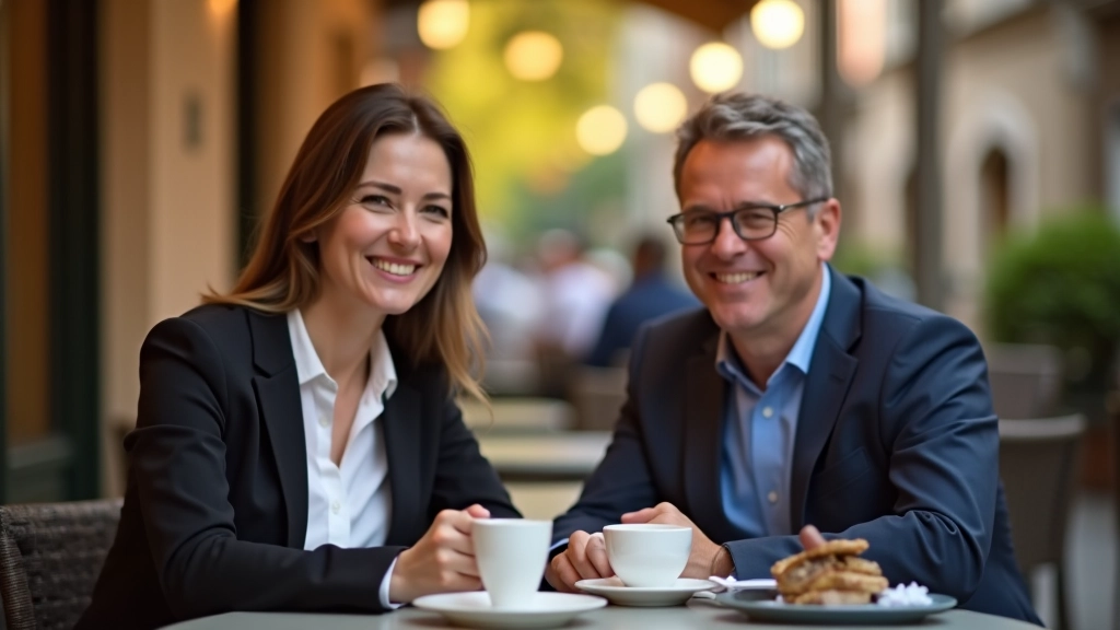 Due professionisti che si incontrano per un caffè in una caffetteria italiana con tavolini all'aperto