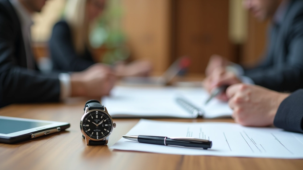 Orologio elegante su scrivania in legno scuro con documenti, luce naturale da finestra