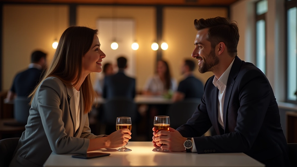 Due professionisti conversano a un tavolo alto durante evento di networking, bevande in mano, sorrisi genuini